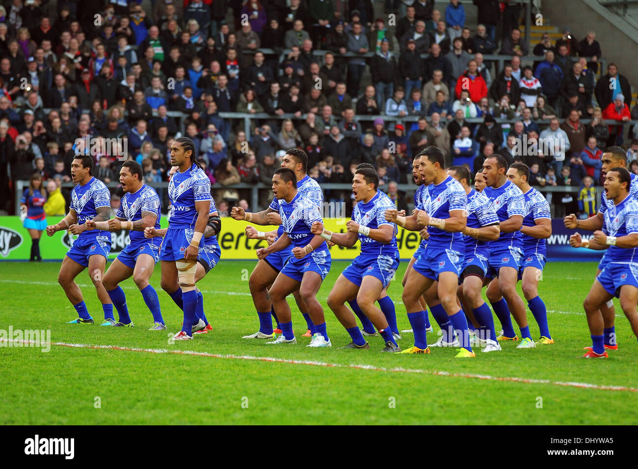 Warrington, UK. 17th Nov, 2013. Samoa perform their Haka during the Rugby League World Cup Quarter Final between Samoa and Fiji from the Halliwell Jones Stadium. Credit:  Action Plus Sports/Alamy Live News Stock Photo