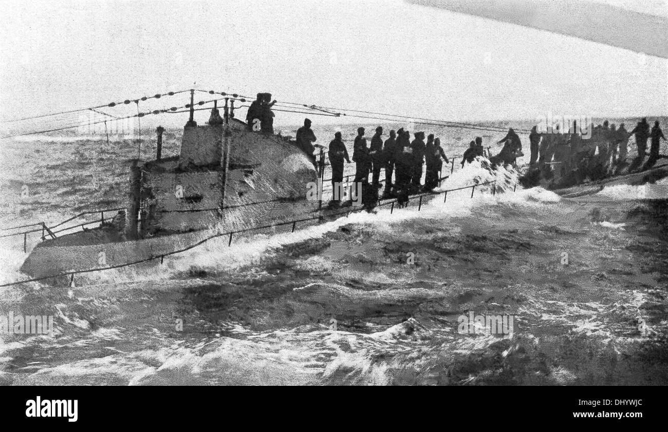 This photo shows the surrender of a German U-Boat U-58 to the American destroyer Fanning, known as Old-37 to its crew. Stock Photo