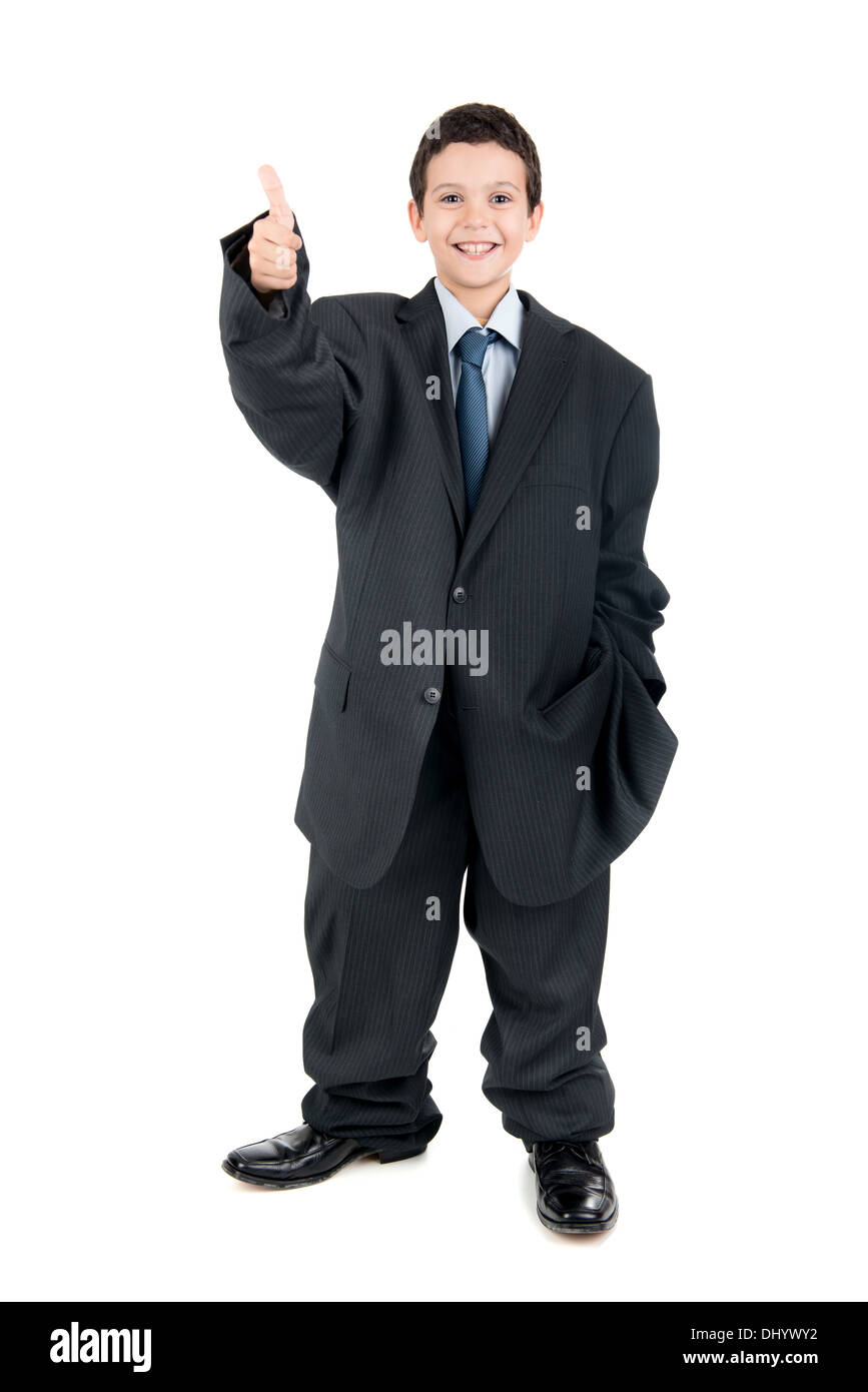 Young boy dressed with a big man's suit Stock Photo