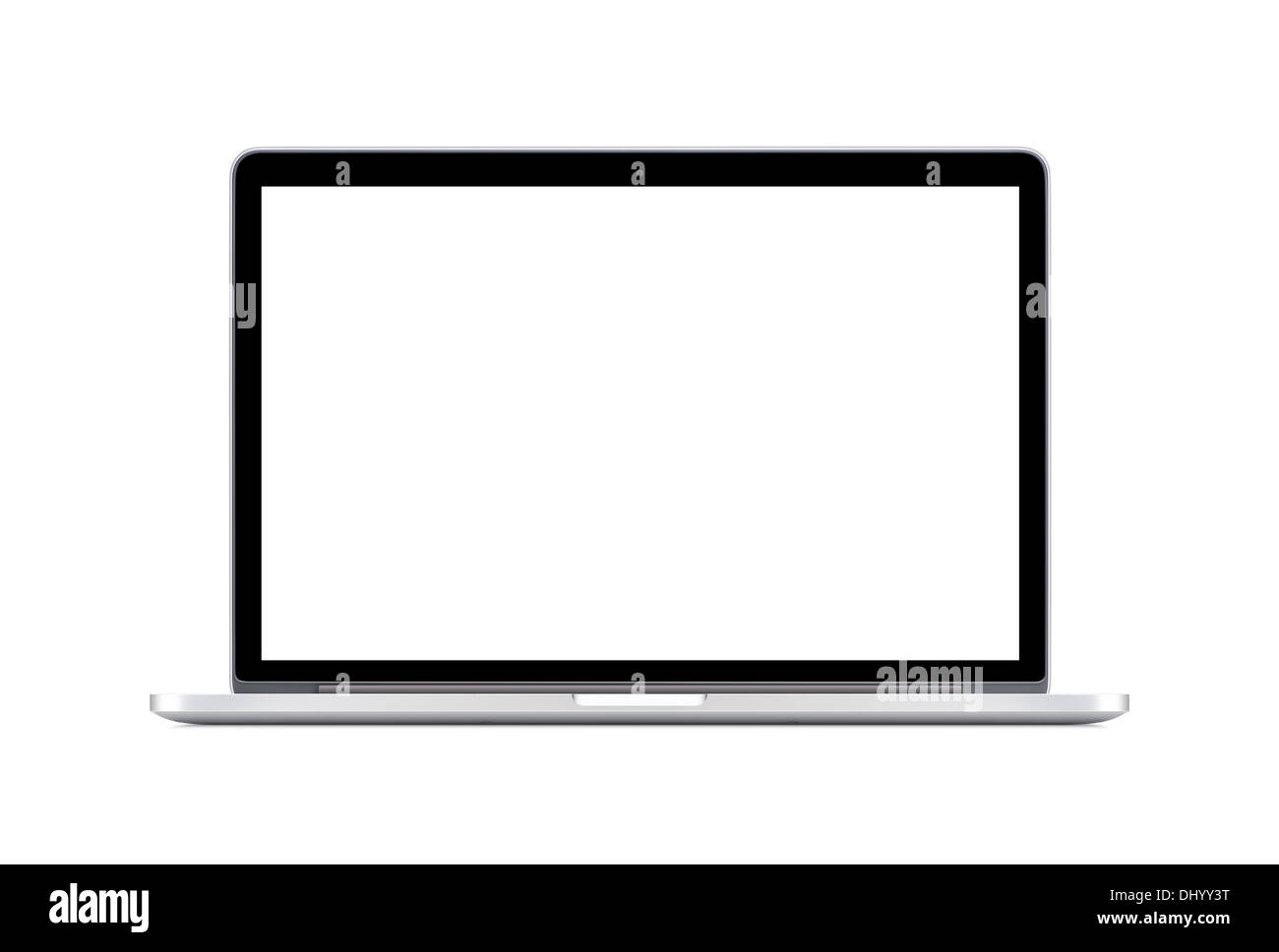 Directly front view of a modern laptop with a white screen isolated on white background. High quality. Stock Photo