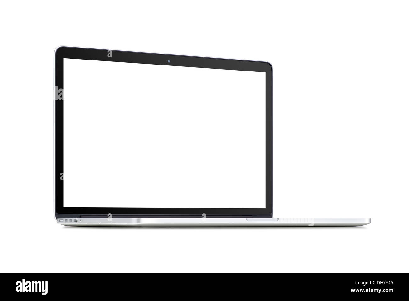 Front view of a rotated at a slight angle modern laptop with blank screenisolated on white background. High quality. Stock Photo