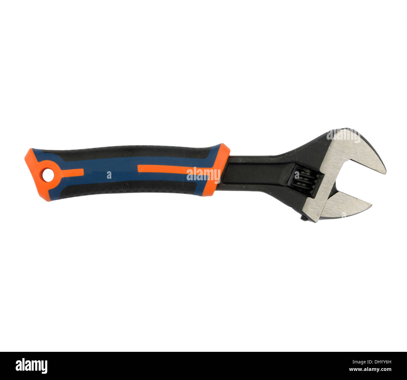 Adjustable wrench (spanner) with rubber handle cutout isolated on white