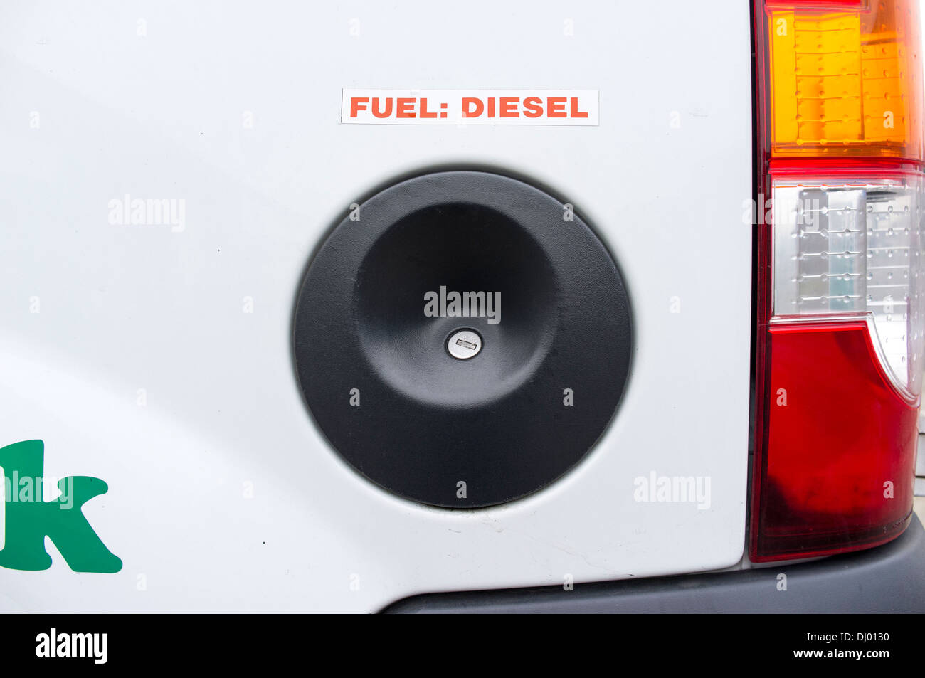 Locking anti theft diesel fuel filler cap on a white vehicle Stock
