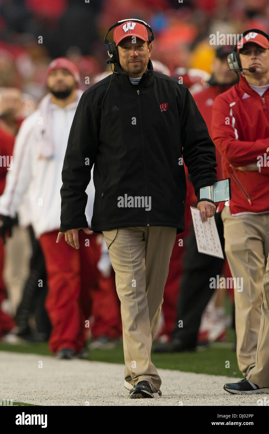 Madison, Wisconsin, USA. 16th Nov, 2013. November 16, 2013: Wisconsin Tight Ends/Special Teams Coordinator Jeff Genyk during the NCAA Football game between the Indiana Hoosiers and the Wisconsin Badgers at Camp Randall Stadium in Madison, WI. Wisconsin defeated Indiana 51-3. John Fisher/CSM/Alamy Live News Stock Photo