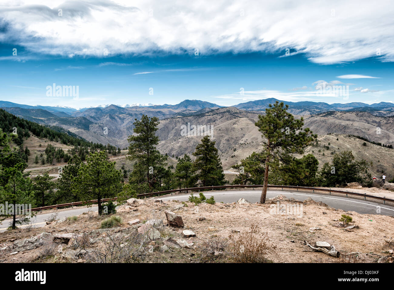 GOLDEN, Colorado - A view of Clear Creek Canyon from Lookout Mountain near Golden, Colorado. with a view of the snow-covered peaks of the Colorado Rockies in the distance. Founded during the Pike's Peak Gold Rush, Golden today is known for its rich heritage, outdoor activities, and being the birthplace of Coors Brewery, embodying a unique blend of history, culture, and natural beauty. Stock Photo