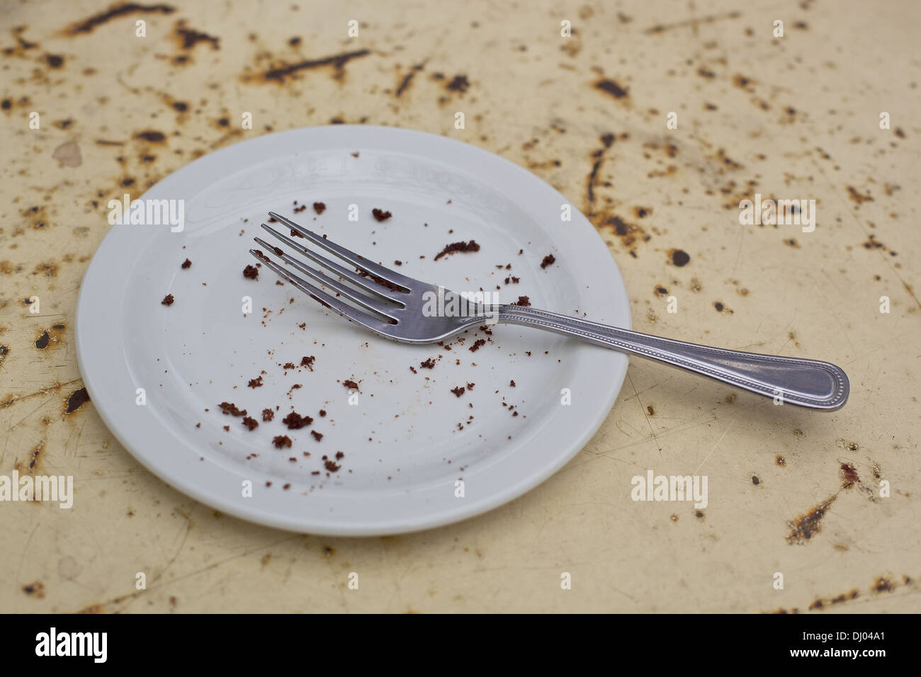 empty plate with cake crumbs. Finished piece of cake in trendy rustic