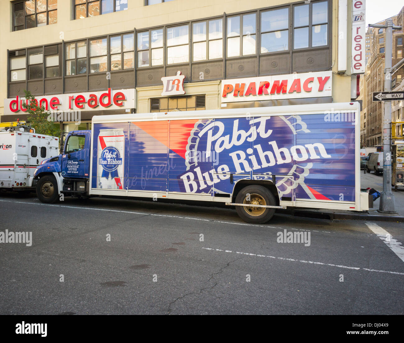 A beer distributor's truck delivering Pabst Blue Ribbon beer as well as