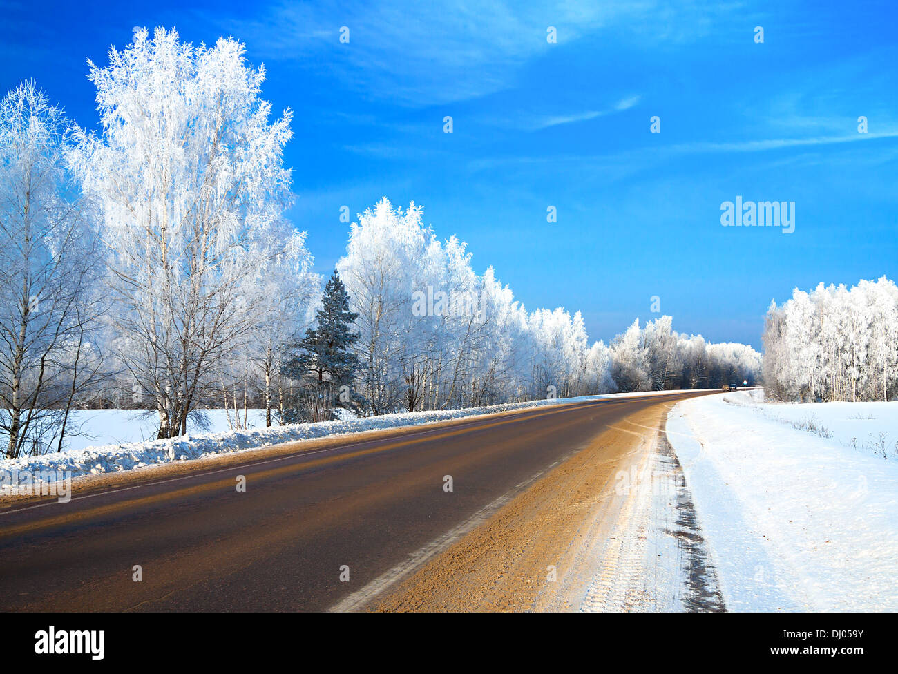 winter landscape with the road the forest and the blue sky Stock Photo ...