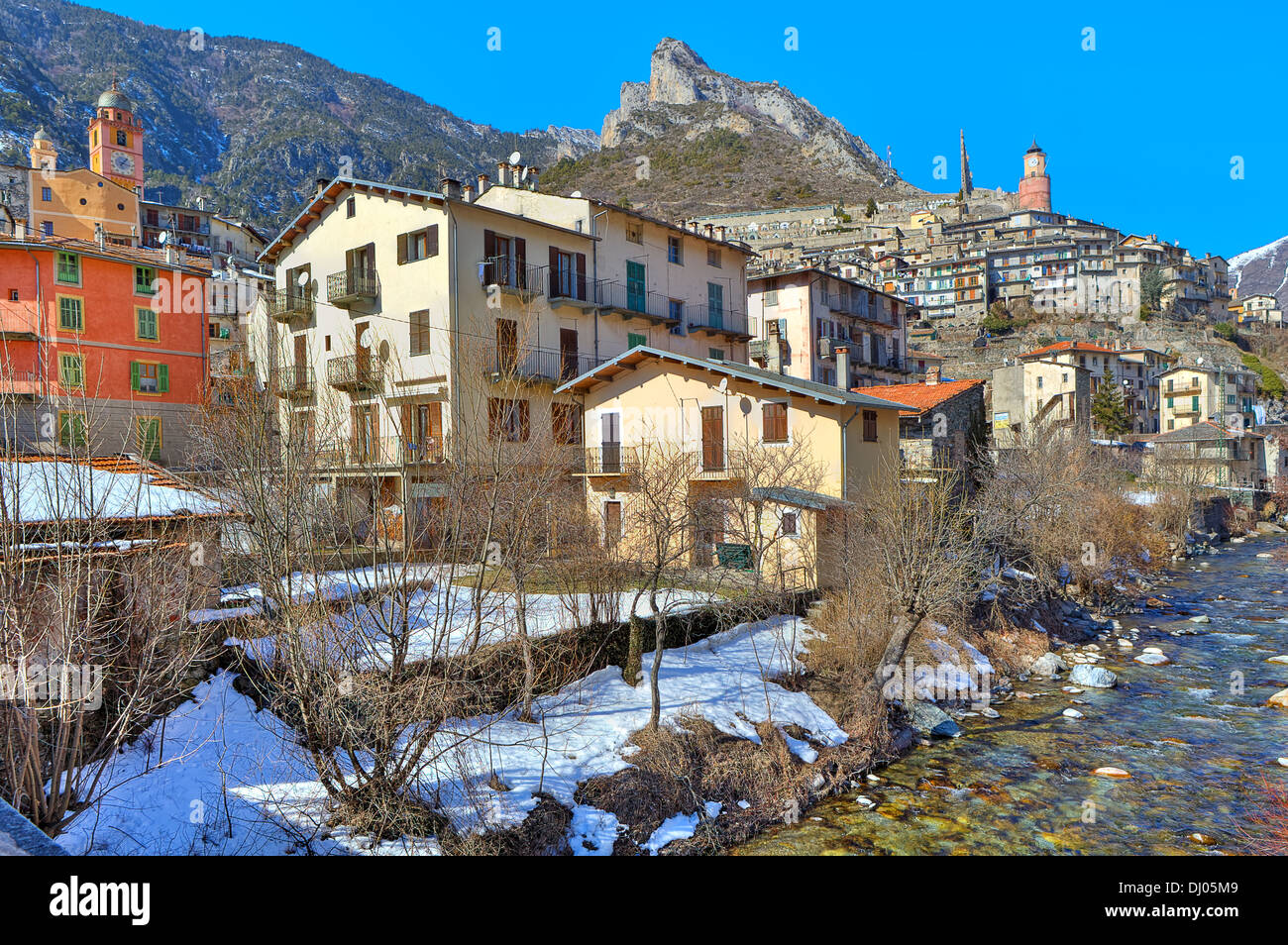 Alpine stream along small french town of Tende in Alps, France. Stock Photo