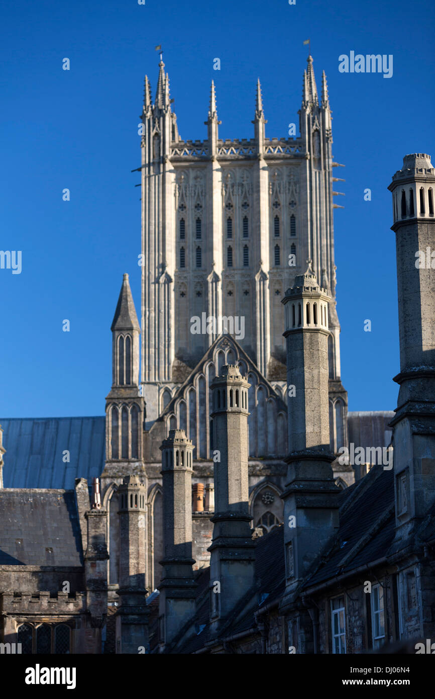 Wells Cathedral tower from Vicars' Close near, Somerset, England Stock Photo