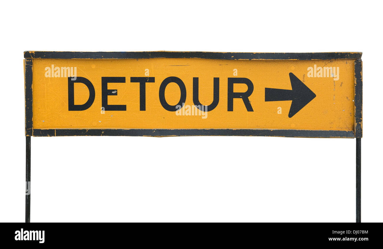 old detour traffic sign isolated on a white background Stock Photo