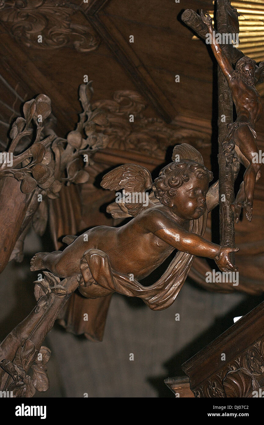 Sculptures carved from wood within Antwerp's Cathedral of Our Lady Stock Photo