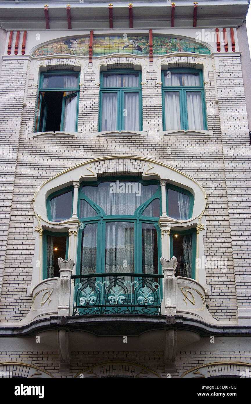 Europe, Belgium, Antwerp. The ornate facade of a home in Antwerp's historic Zurenborg neighborhood Stock Photo