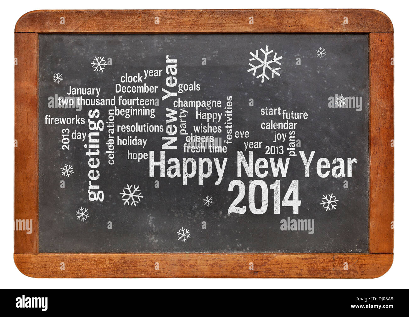 Happy New Year 2014 word cloud - white chalk text on a vintage slate blackboard Stock Photo