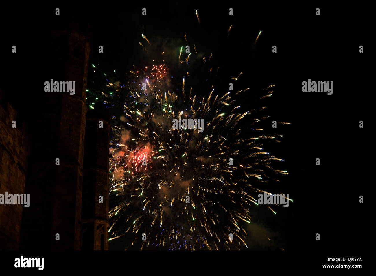 colorful fireworks exploding castle night sky Stock Photo