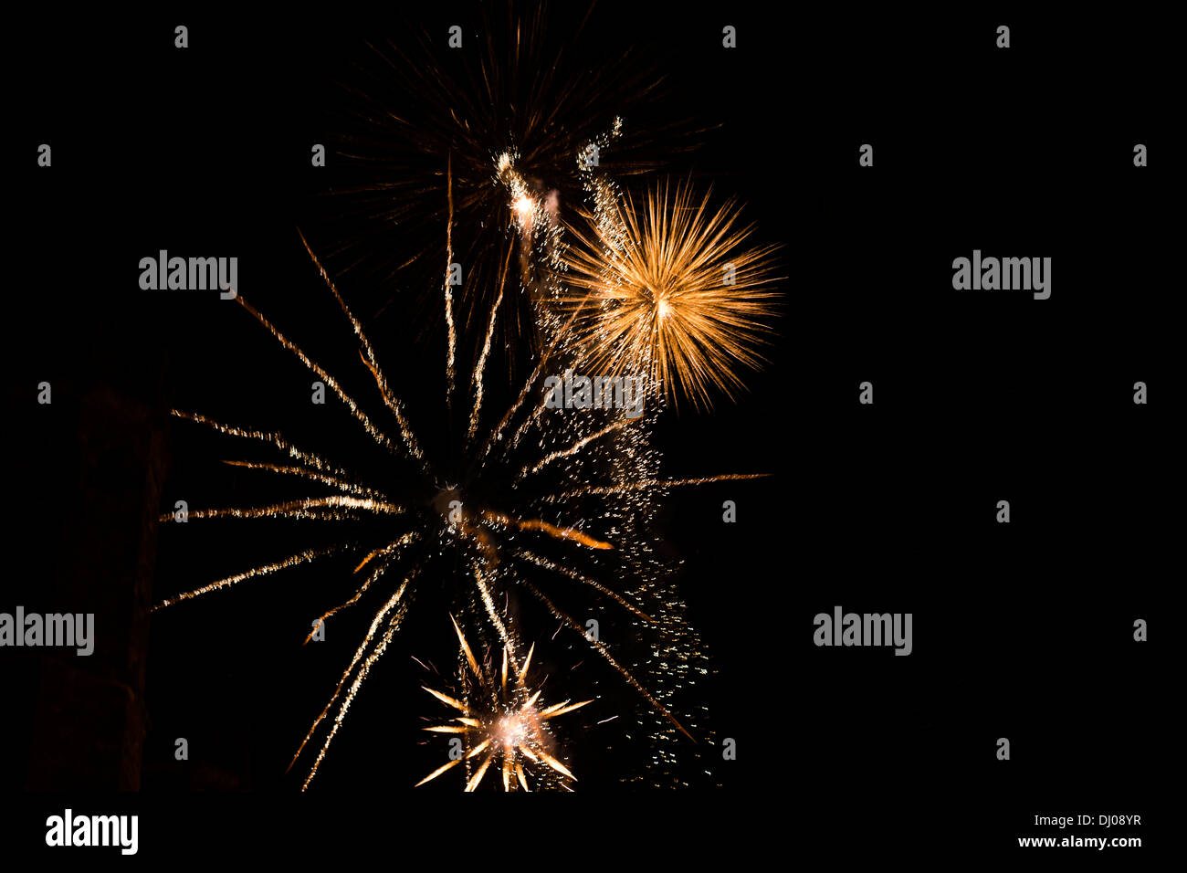 colorful fireworks exploding castle night sky Stock Photo
