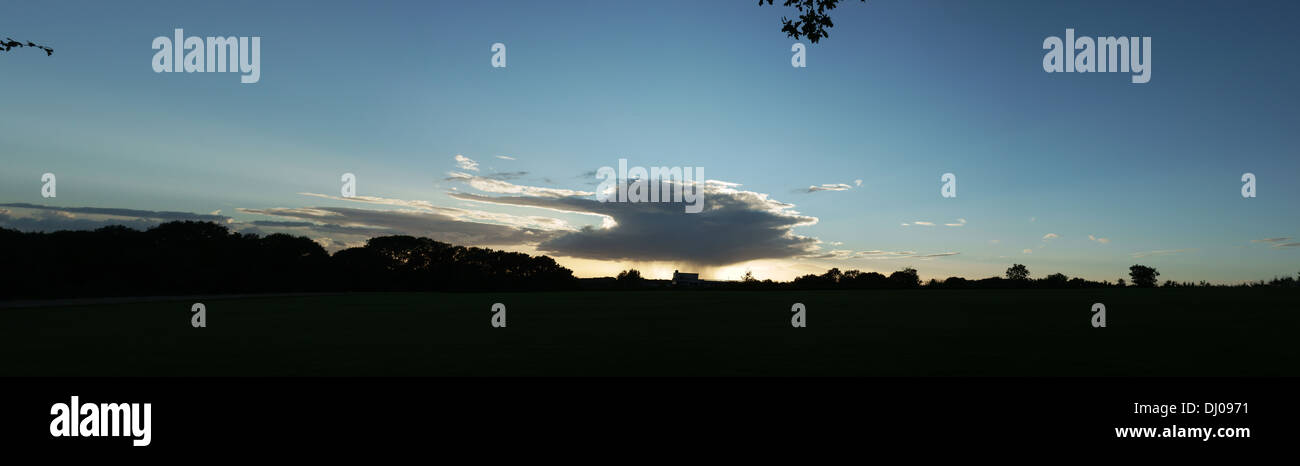single cloud sunset empty field trees grass dawn Stock Photo