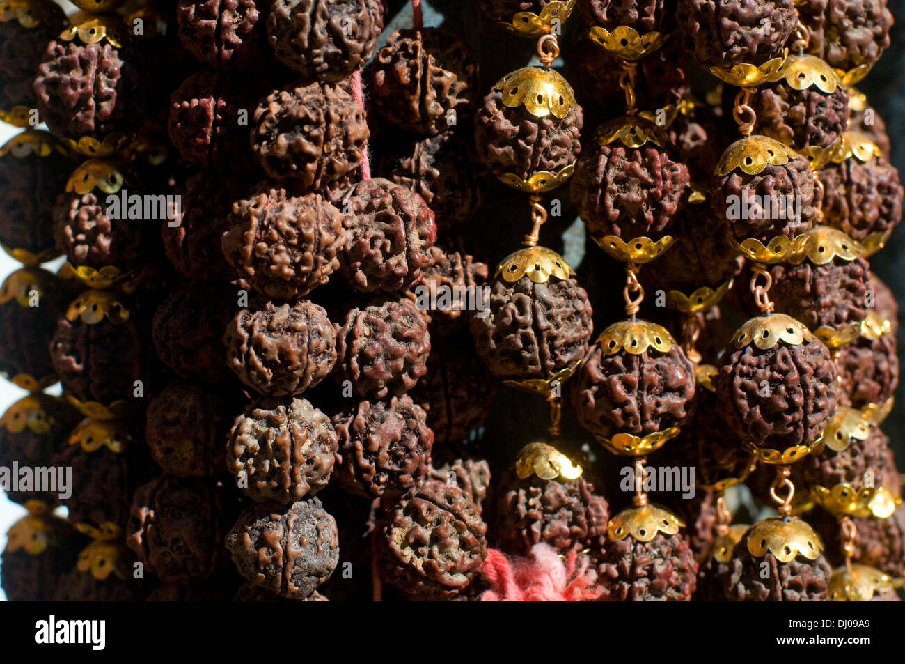Strings of Rudraksha beads hanging on bronze strands for sale in Southern Indian village Stock Photo