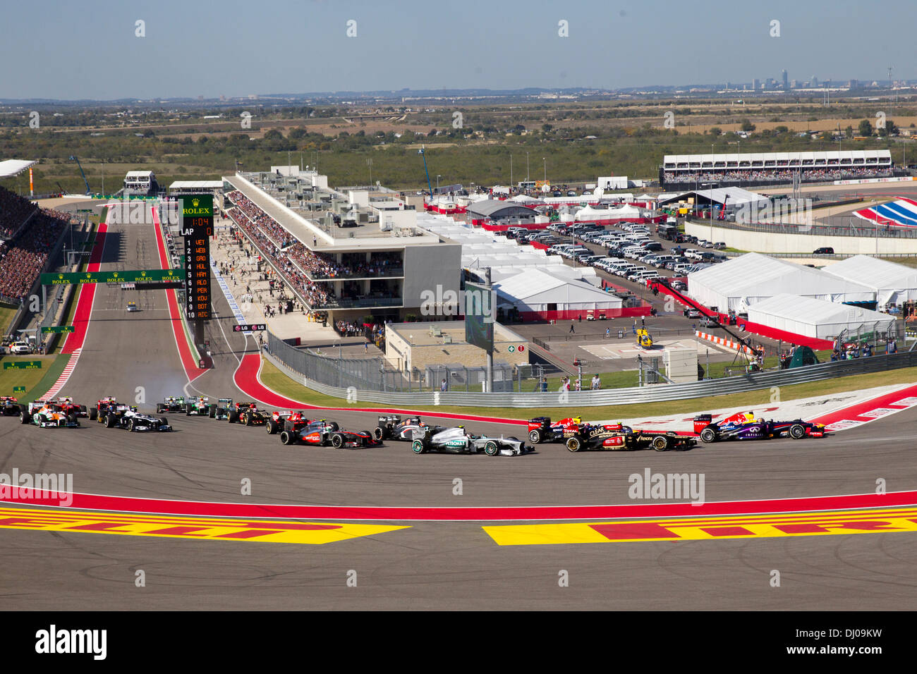 The first lap of the Formula 1 United States Grand Prix at the Circuit of the Americas track near Austin, TX. Stock Photo