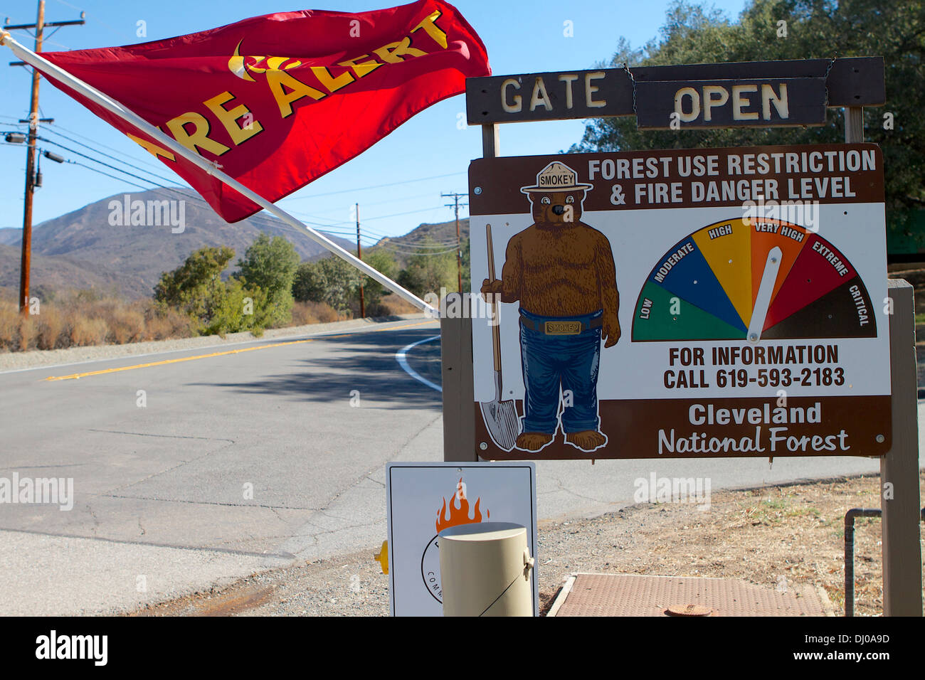 High wind Fire alert red flag warning sign in Southern California ; USA Stock Photo