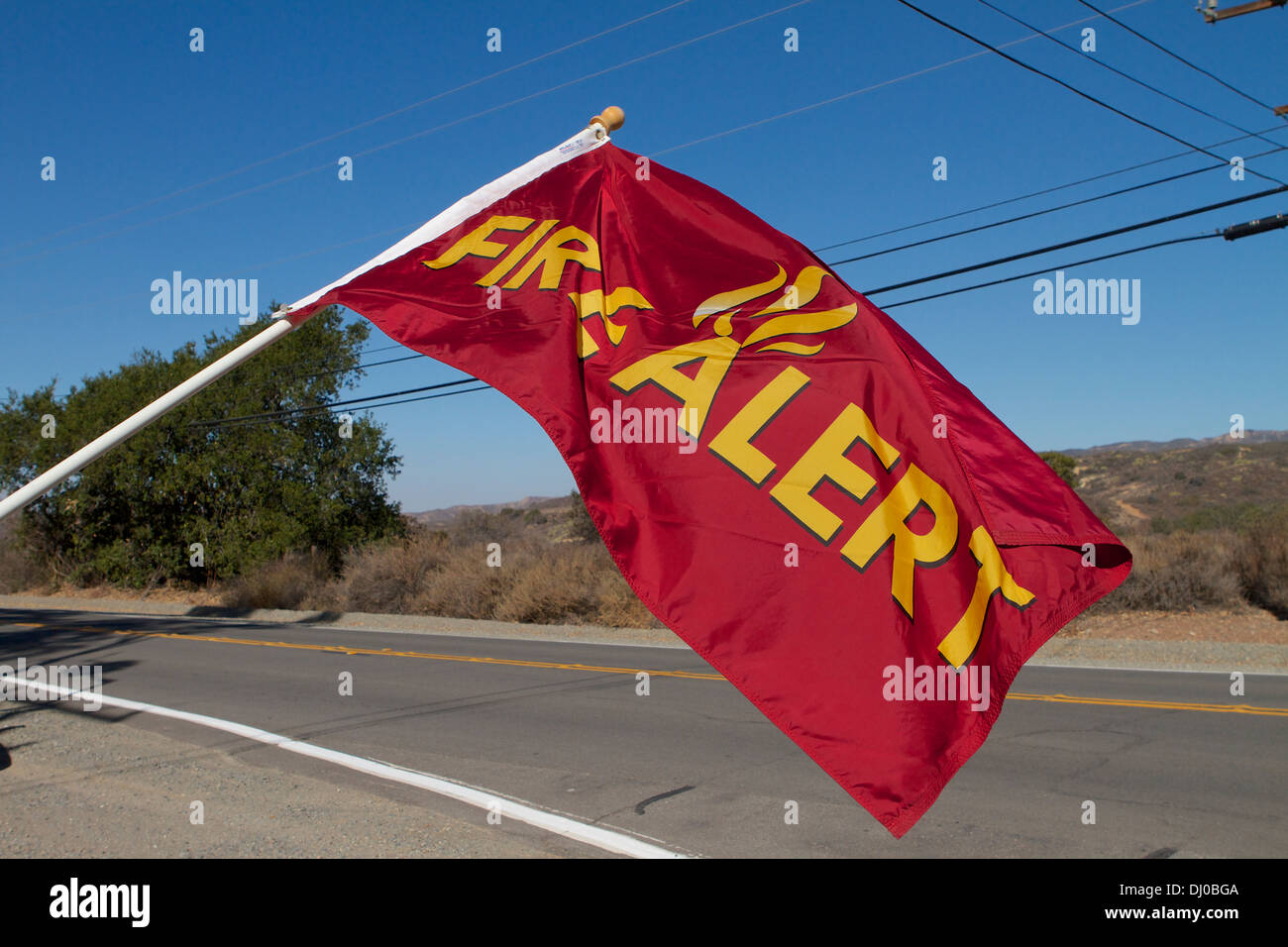 High wind Fire alert red flag warning sign in Southern California ; USA Stock Photo