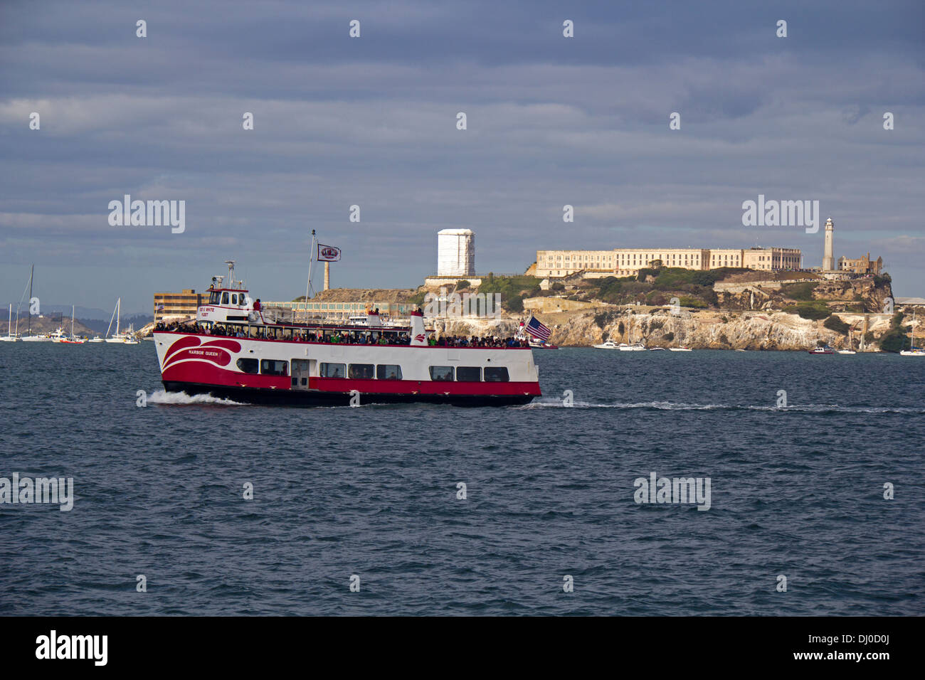 Red and White Fleet ferryboat transporting commuters, San Francisco Bay, San Francisco, California, USA. Stock Photo