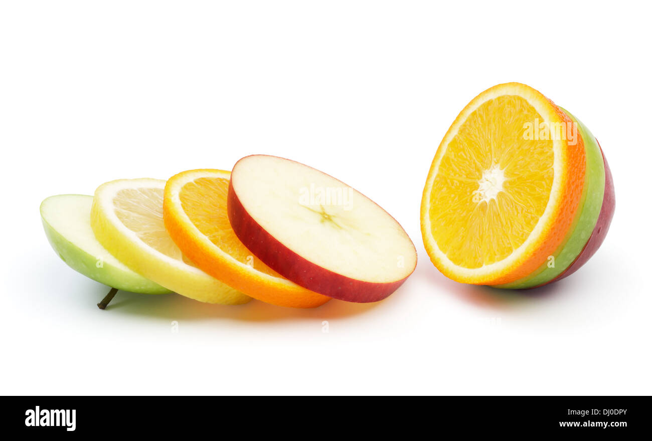 various type of fruits in slices against white background Stock Photo