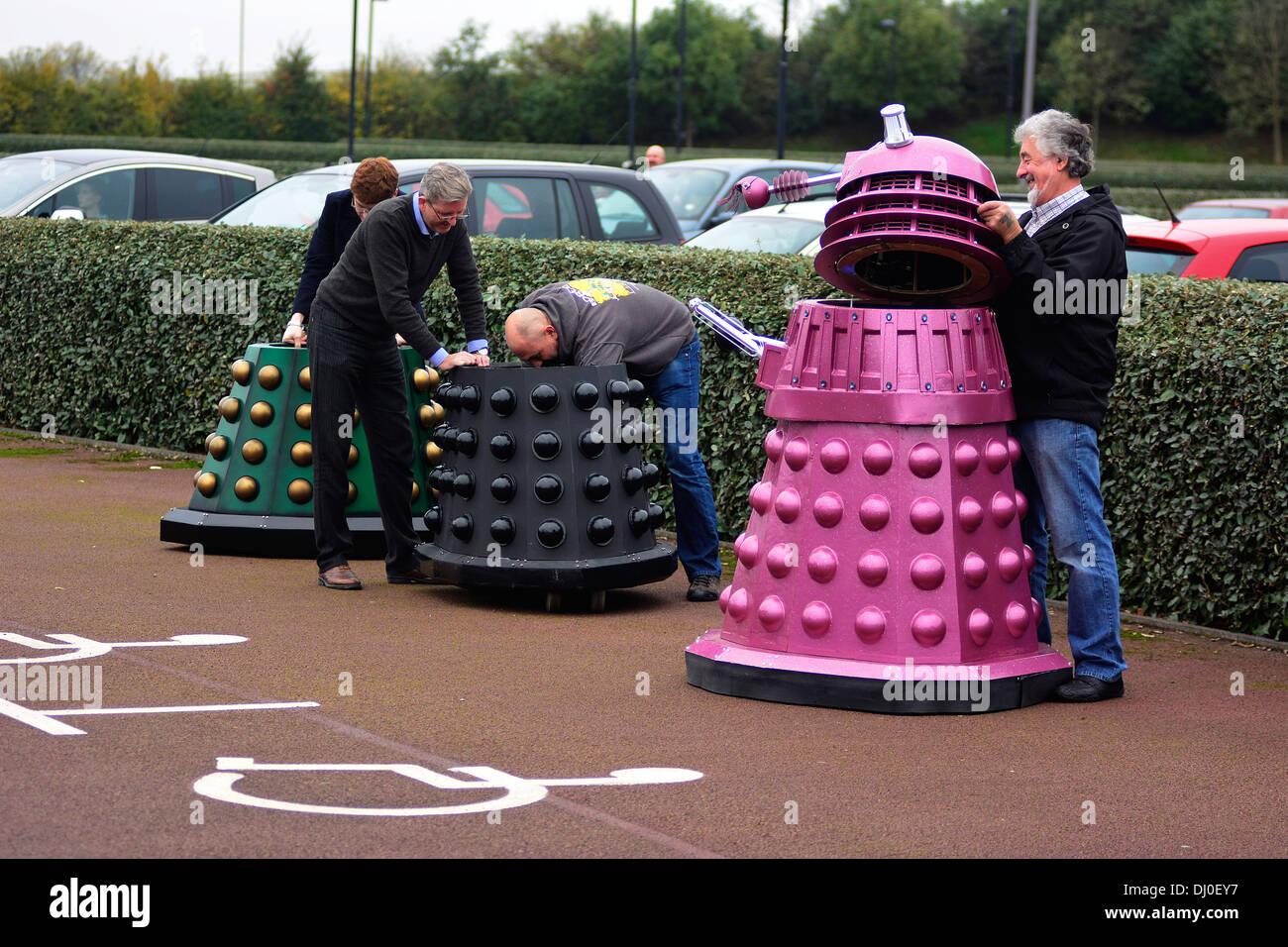 Some of the 20 Daleks displayed at the 'Science of the Timelords' event are assembled at The National Space Centre at Leicester to celebrate the 50th Anniversary of Dr Who Stock Photo