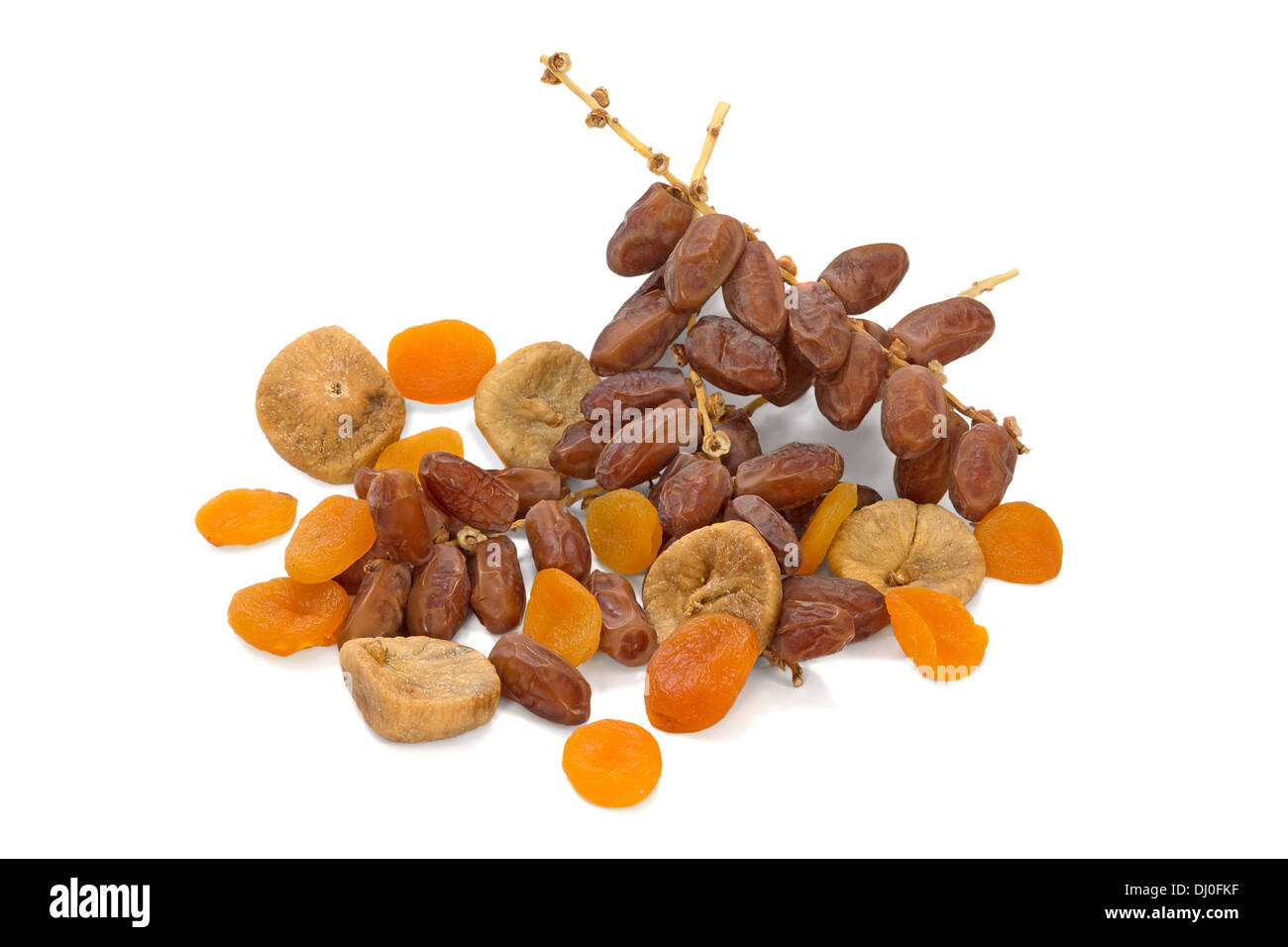 Still life with dried fruit dates, figs, dried apricots Stock Photo