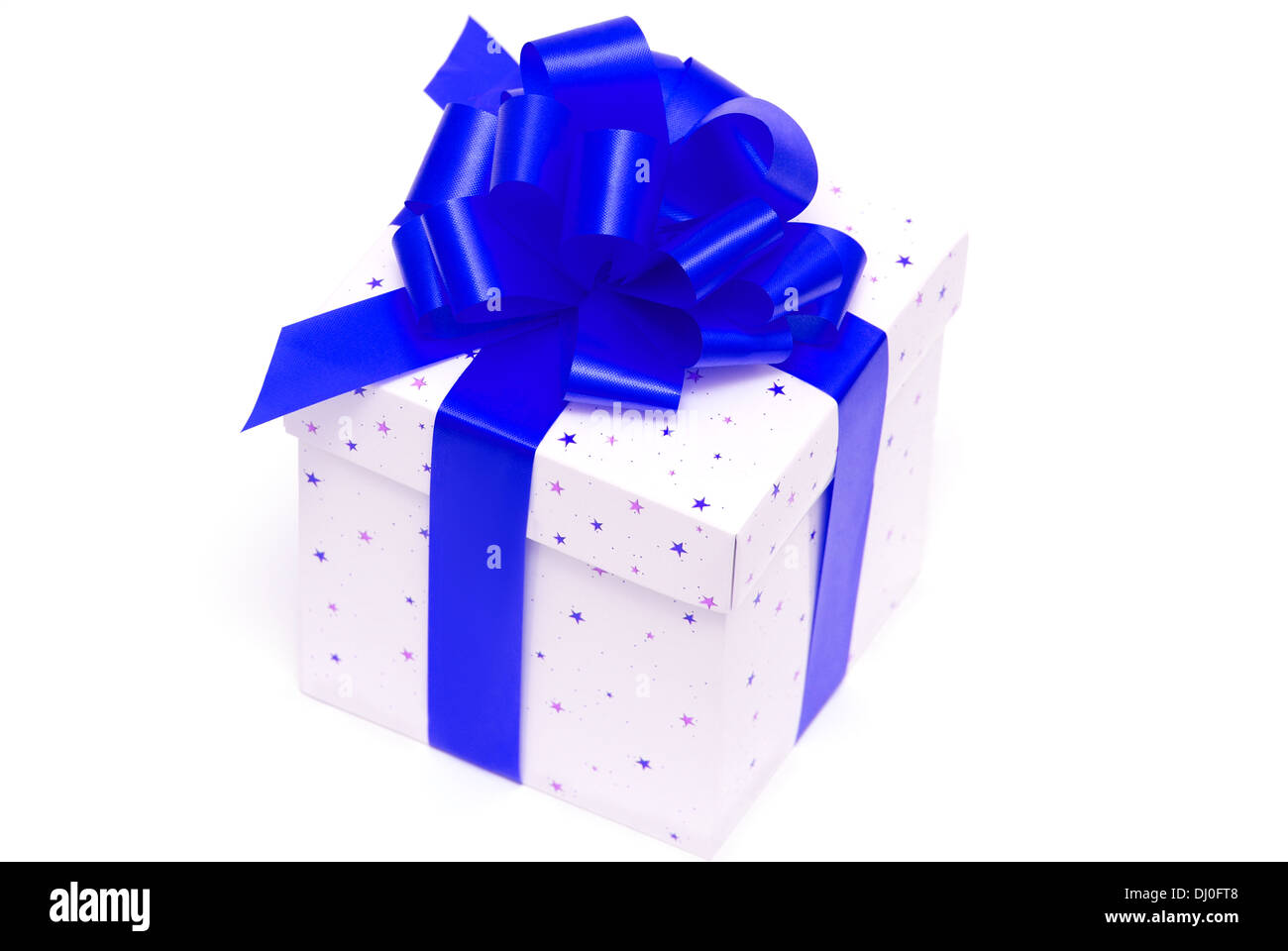 White gift box with blue ribbon isolated on white Stock Photo - Alamy