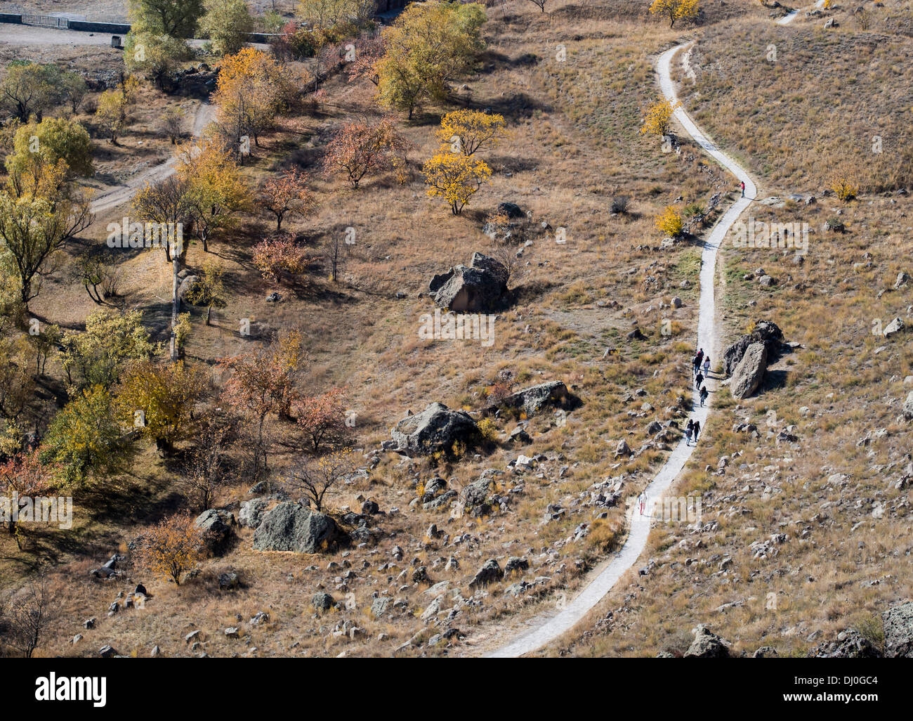 The valley of Mtkvari (Kura) river next to Vardzia, the rock-hewn city-monastery. Stock Photo