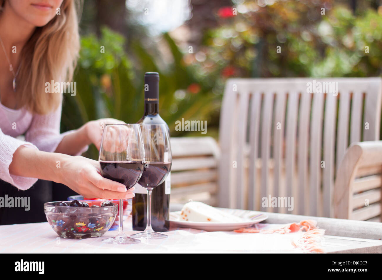 woman, outdoors, table, wine, glasses, bottle,  chair, drink, Stock Photo