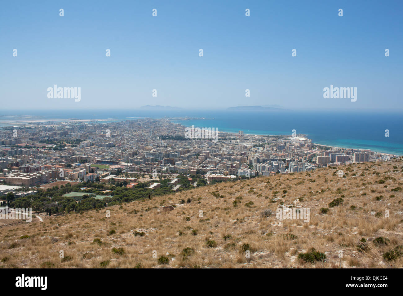 seas, blue,  landscape, islands, hill, land, dirt, town, city, Trapani, Sicily, Italy,  high up, mountain, nature, on high,beach Stock Photo