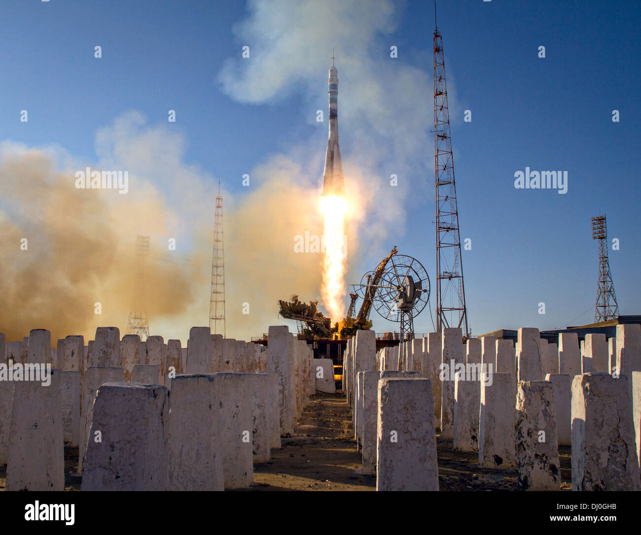 The Soyuz TMA-11M rocket launches with Expedition 38 Soyuz Commander Mikhail Tyurin of Roscosmos, Flight Engineer Rick Mastracchio of NASA and Flight Engineer Koichi Wakata of the Japan Aerospace Exploration Agency onboard November 7, 2013 at the Baikonur Cosmodrome, Kazakhstan. Tyurin, Mastracchio, and, Wakata will spend the next six months aboard the International Space Station. Stock Photo