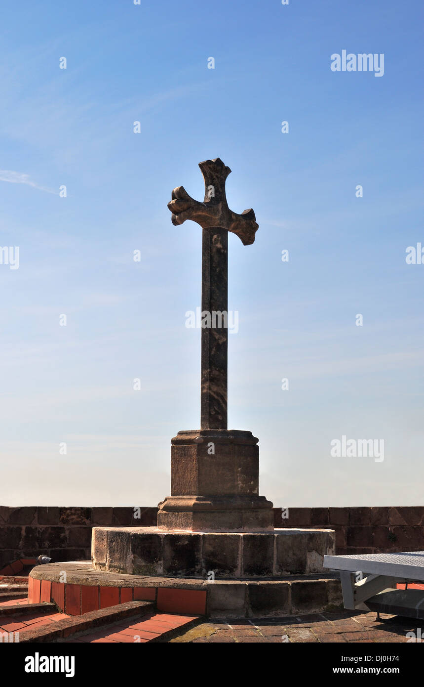 Stonework cross on roof of cathedral. Barcelona. Catalonia. Spain Stock Photo