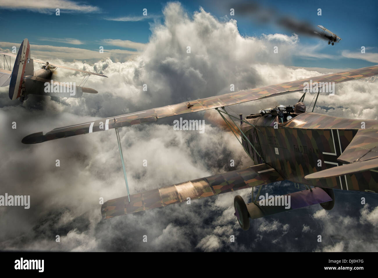 Dogfight between two first World War aircraft. Photoshop composition Stock Photo