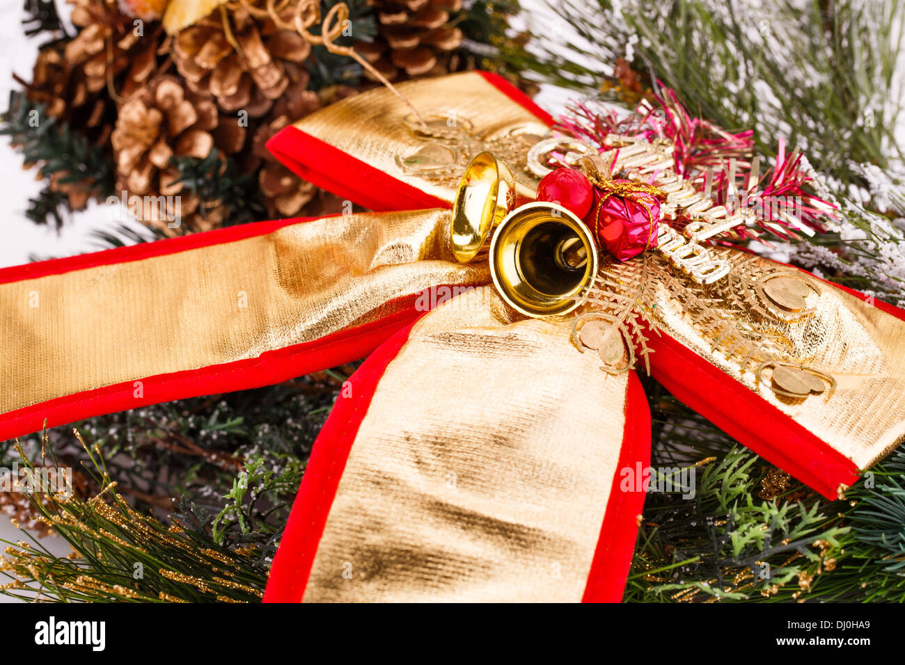 Christmas decoration ribbon and bells with fir tree branch Stock Photo ...