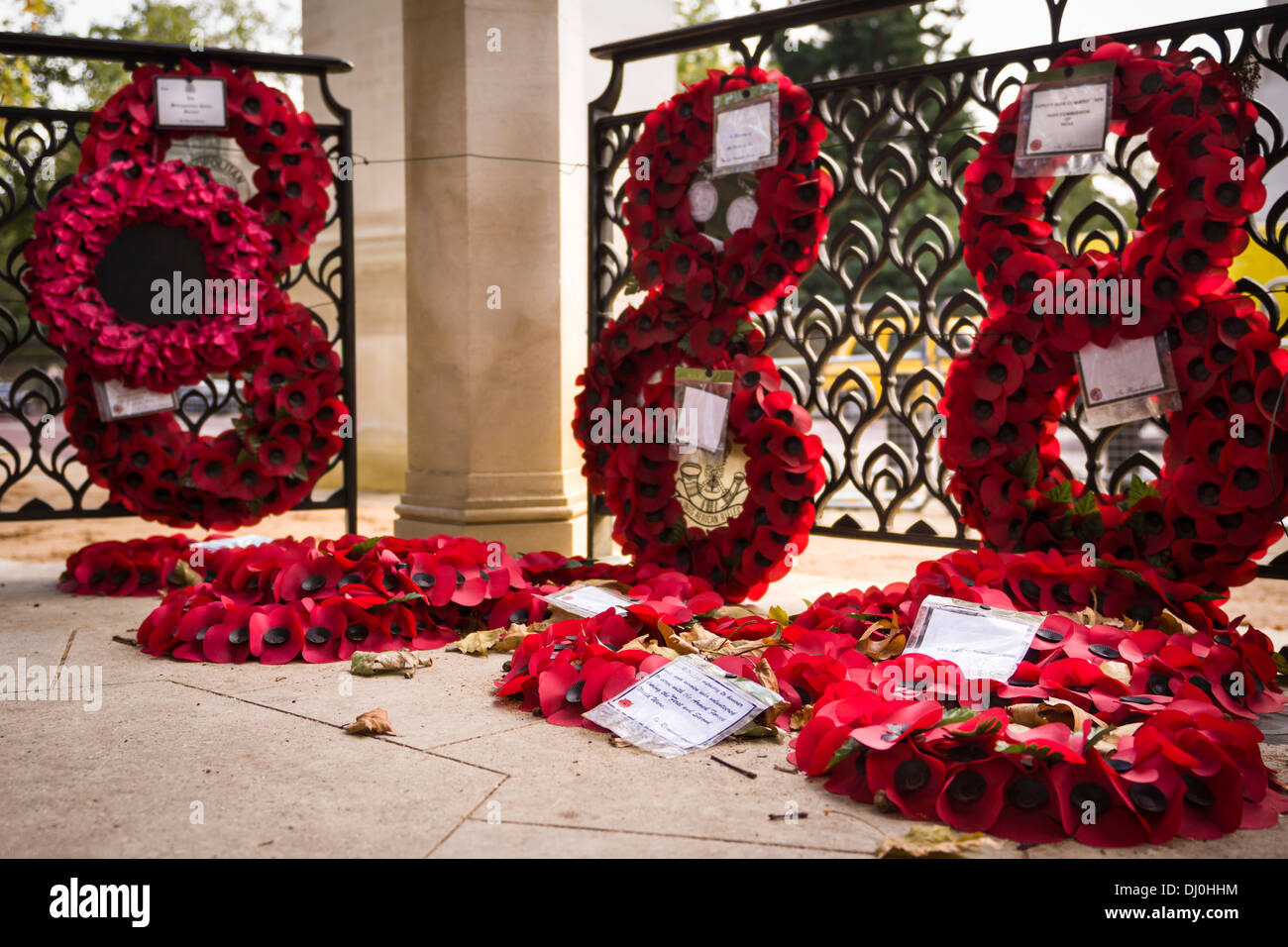 Wreaths at the Memorial Gates - Hyde Park Corner, also known as the Commonwealth Memorial Gates. Stock Photo