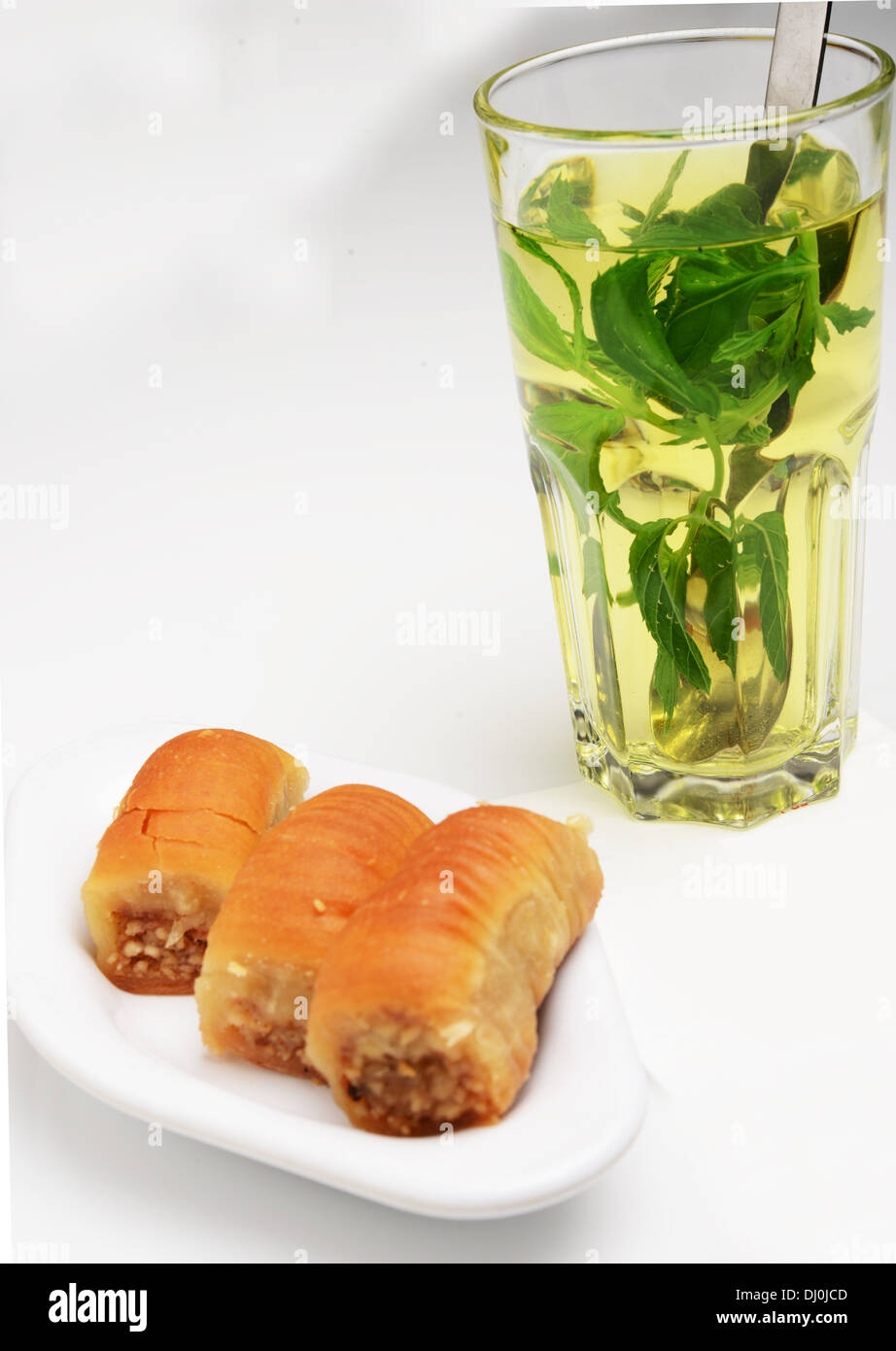 Mint tea and baklava Mideastern dessert Stock Photo