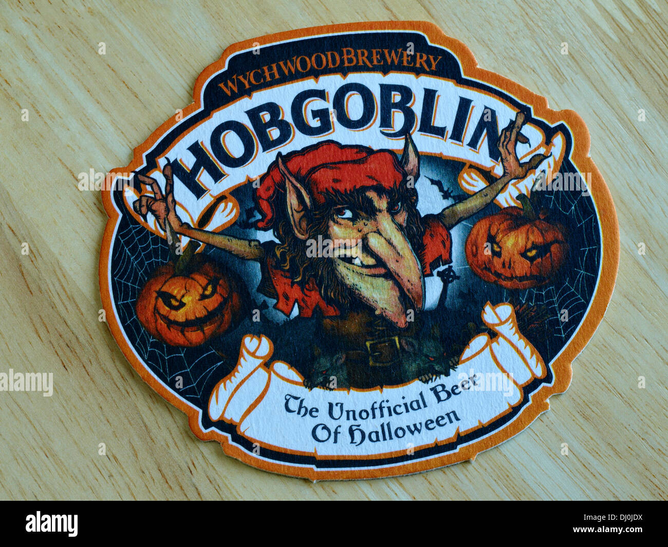 Wychwood brewery Hobgoblin, the unofficial beer of Halloween, beer mat UK Stock Photo