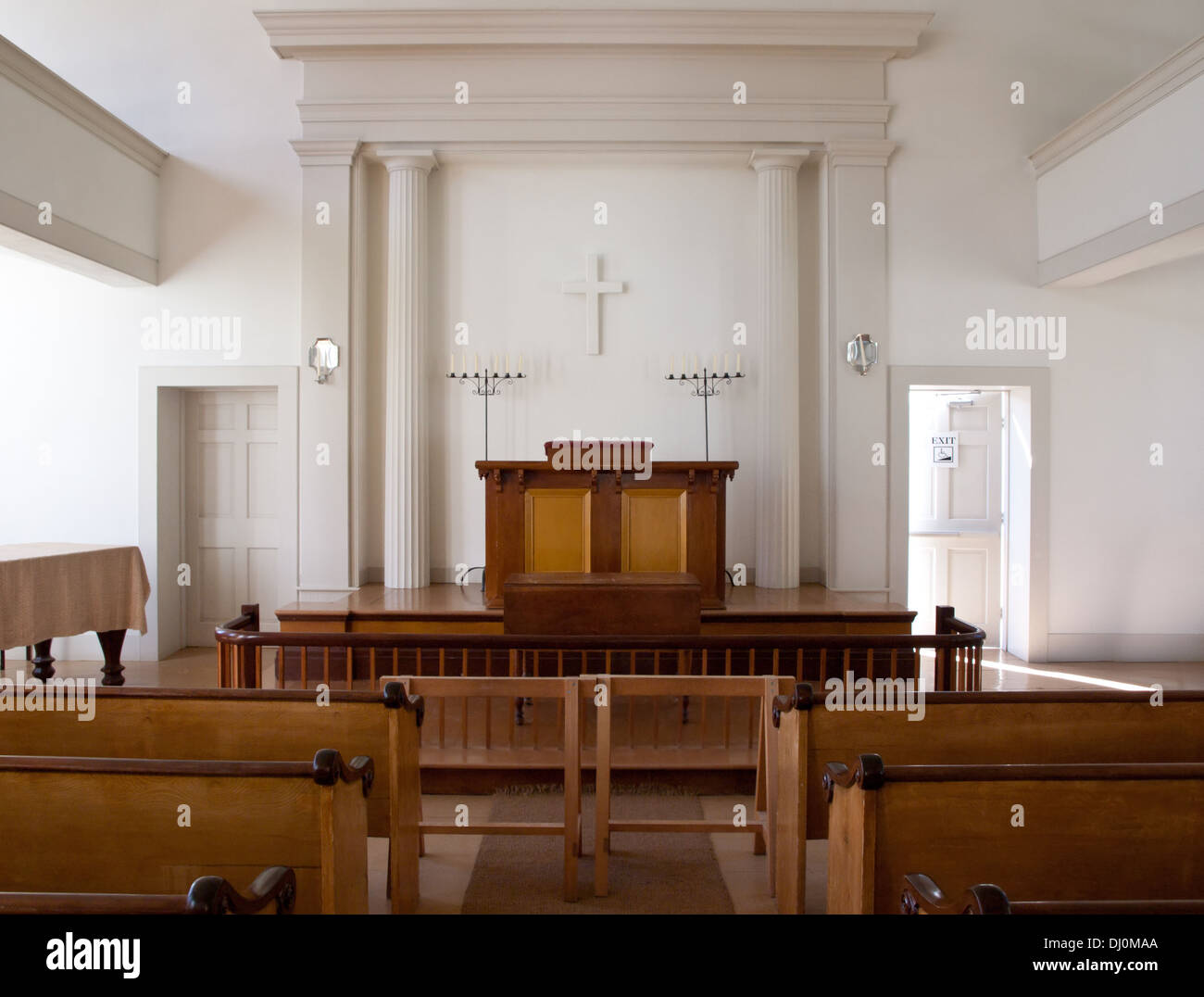 interior to an oldfashioned simple country church Stock Photo Alamy