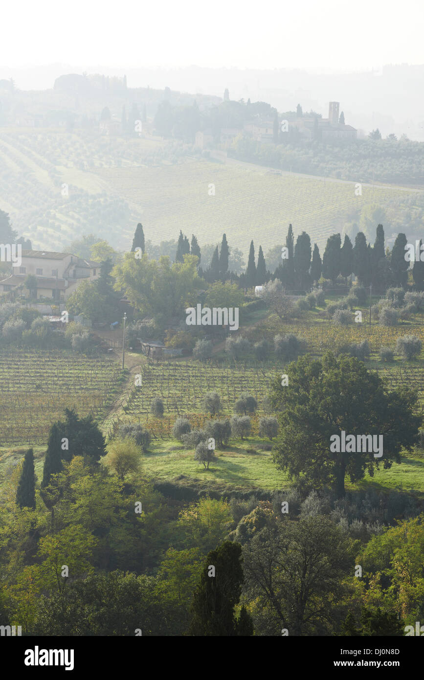 Farm land viewed from San Gimignano town walls. Tuscany Italy Stock Photo