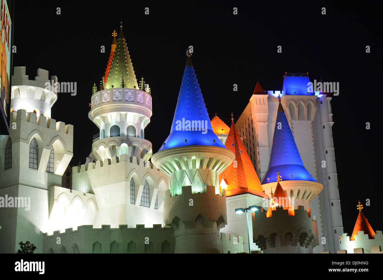 A colourful night-time photo of Disney towers in Las Vegas Stock Photo