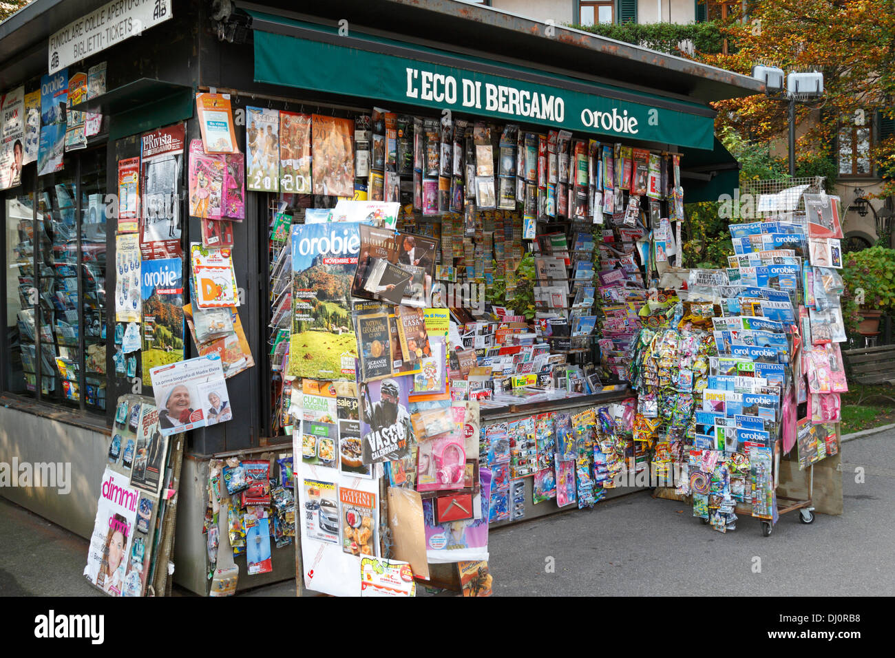 Magazine and newspaper kiosk in Bergamo Alta, Italy. Stock Photo
