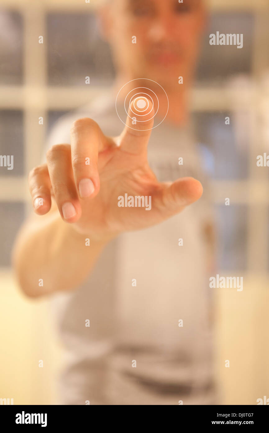 man using touch screen Stock Photo