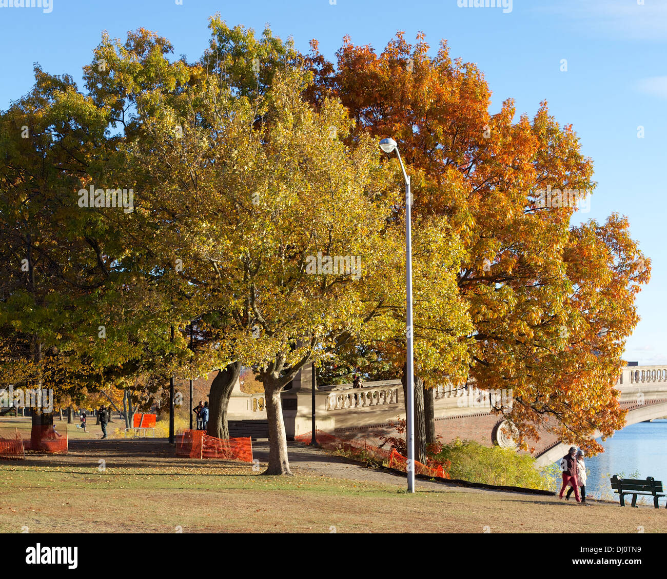 Colorful fall foliage at Weeks Footbridge on Harvard University campus at Cambridge, MA, USA. Stock Photo