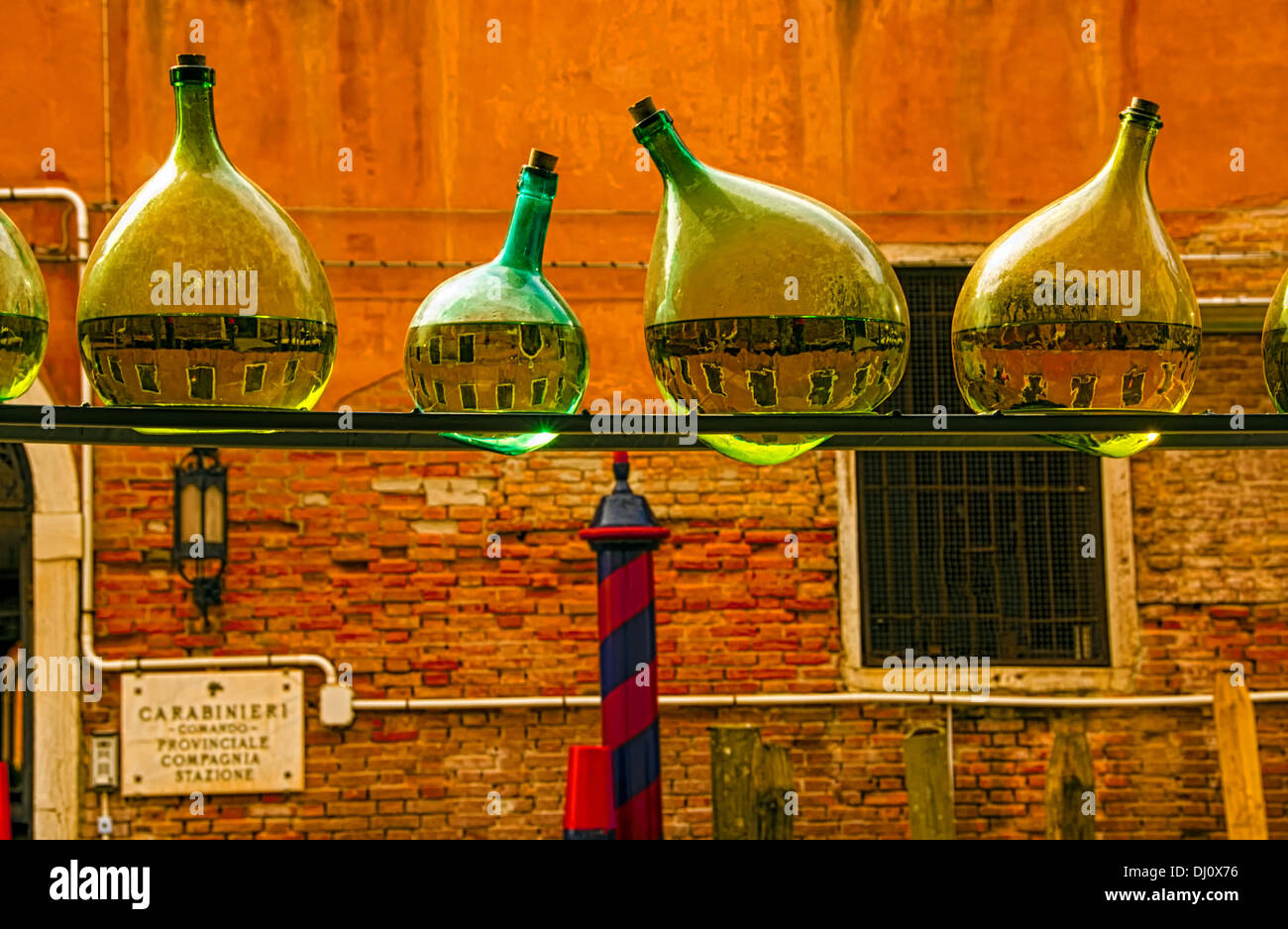 Arrangement of old bottles made by the New Zealand artist Bill Culbert  at the Church of Santa Maria della Pieta, Venice, Italy. Stock Photo