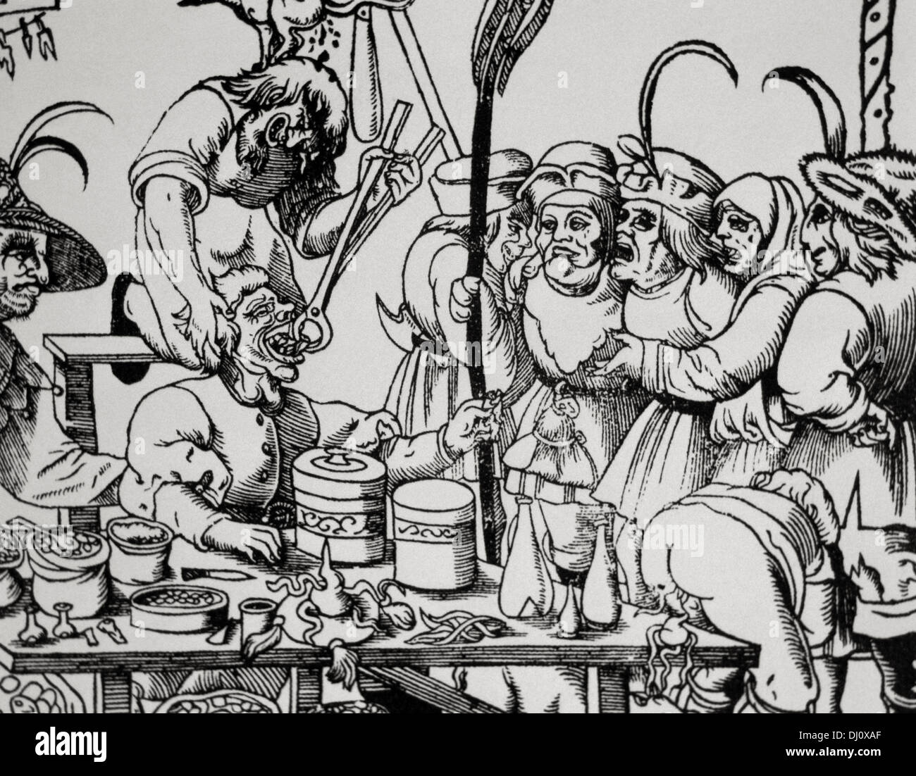 History of medicine. Dentist (barbers or general physicians). Middle Ages. Satire. Engraving. Stock Photo