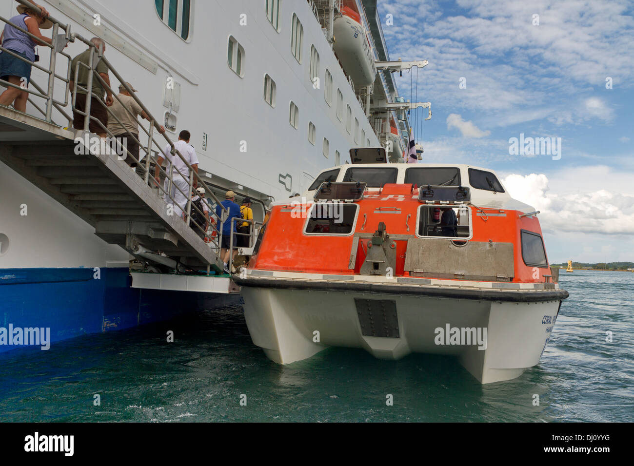 Passengers disembarking by tender from Coral Princess cruise ship on
