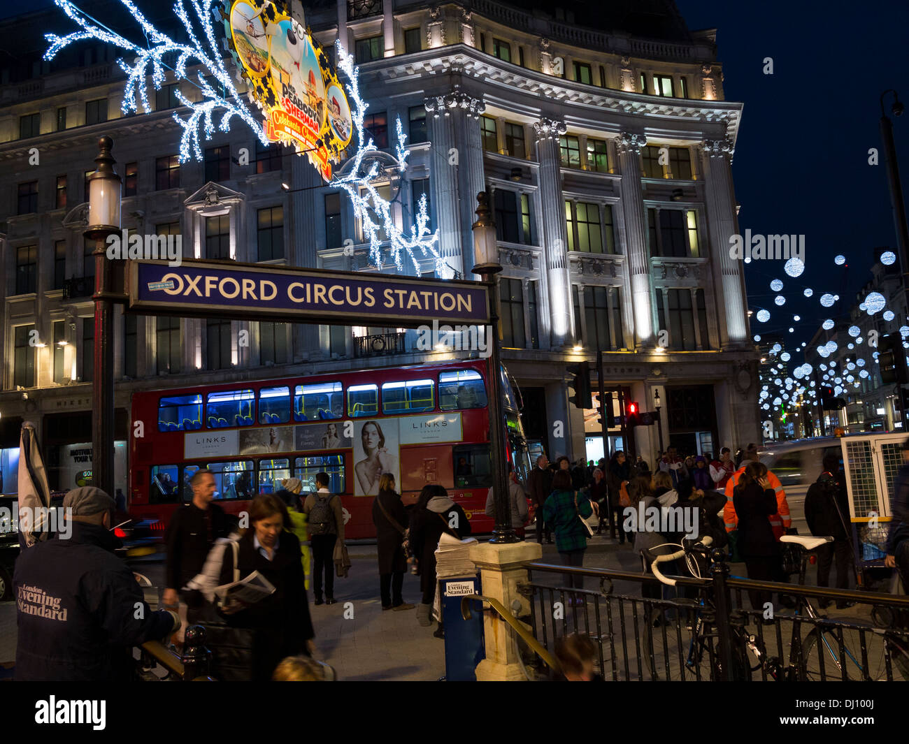 Oxford Circus station as Christmas 2013 approaches. Regent Street lights are in the background. Stock Photo